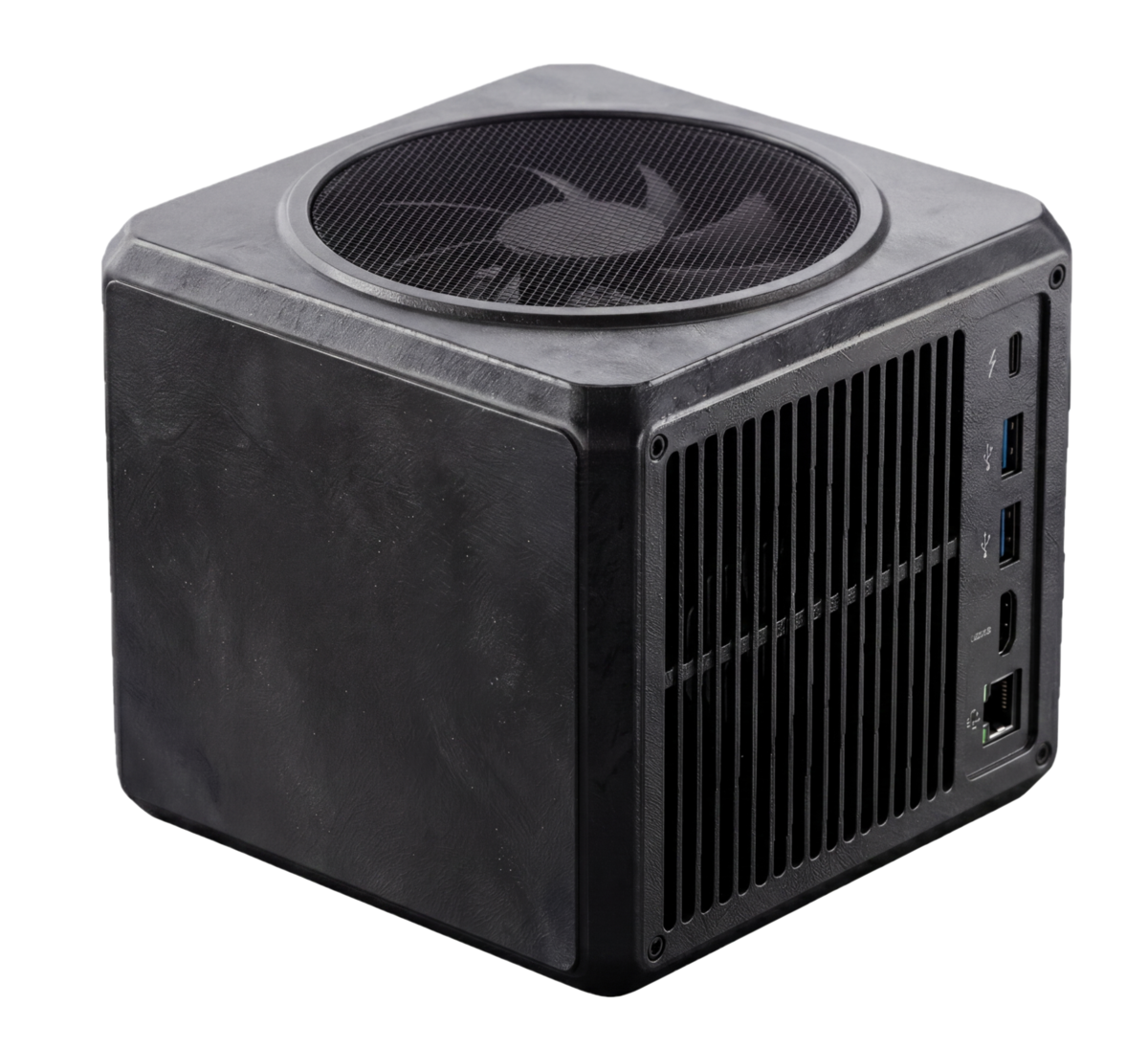 The Family Cube: a small matte-black mini-PC enclosure with a circular fan grille on top and ventilation slots on the side.
